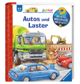 Kinderbuchcover mit Autos, Laster, Baustelle und dem deutschen Titel Autos und Laster.