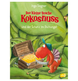 Ein kleiner roter Drache mit grünem Rucksack betrachtet im Dschungel eine offene Schatztruhe voller Gold.