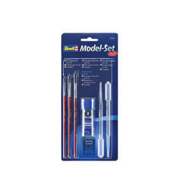 Revell Model-Set Plus mit Pinseln, Farbverdünner, Mischschale und Pipette in blauer Verpackung.