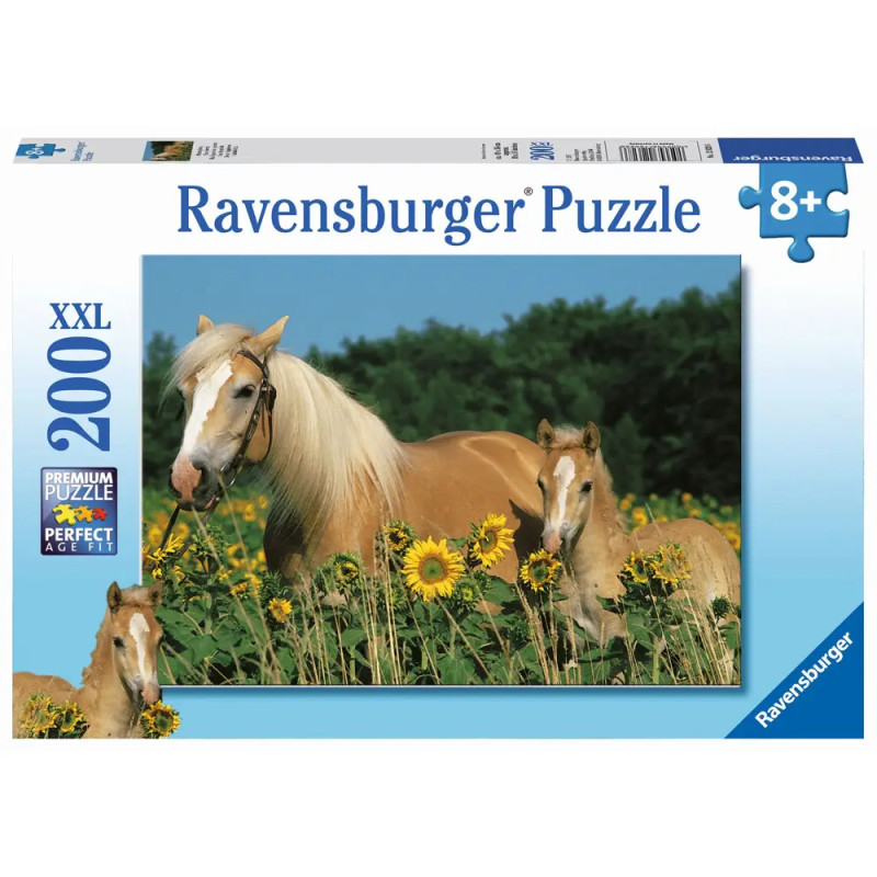 Ravensburger Puzzle, 200 Teile, ab 8 Jahren: Zwei hellbraune Pferde auf Sonnenblumenfeld abgebildet.