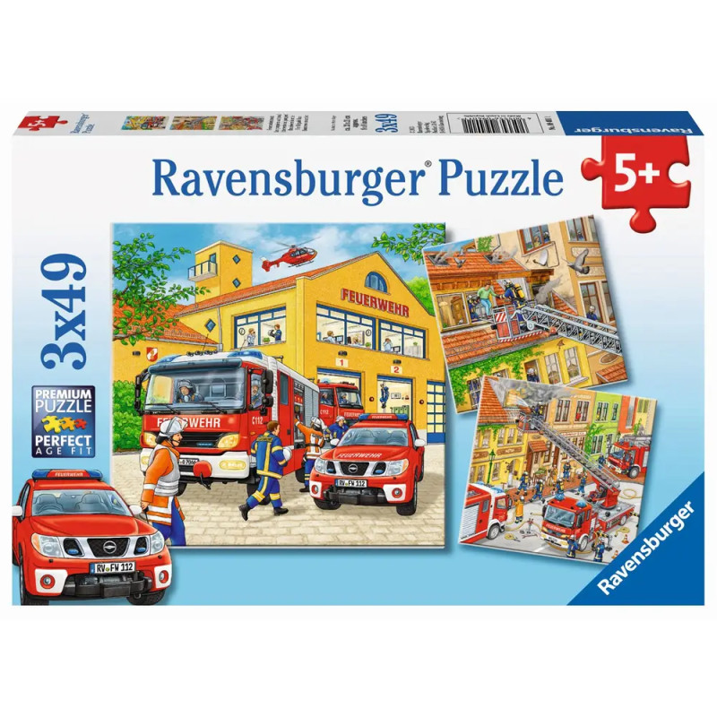 Ravensburger Puzzle Kids Feuerwehreinsatz: 3x49 Teile mit Feuerwachen-Motiv für Kinder ab 5 Jahren.