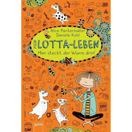 Buntes Cover von "Mein Lotta-Leben" mit Kritzeleien, einem Mädchen, einem weißen Hund und verspielten Details.
