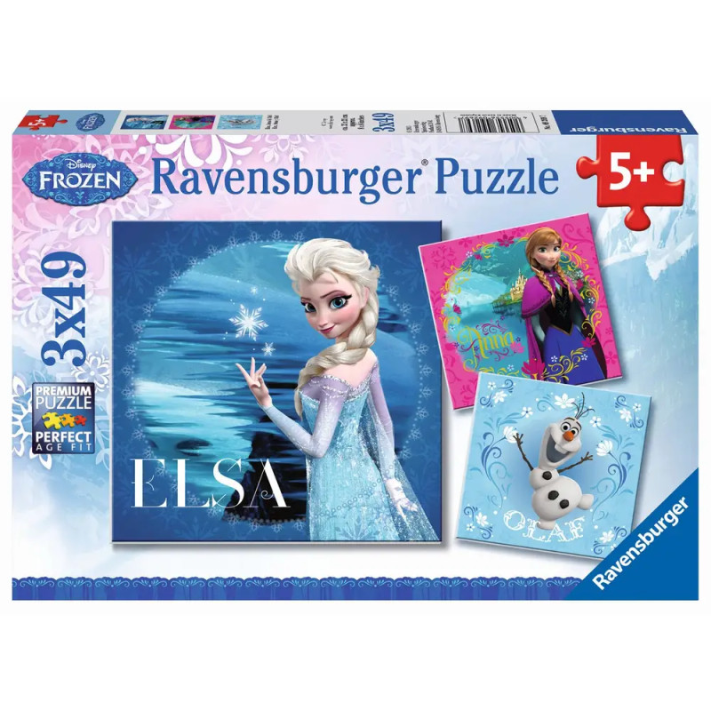 Ravensburger Puzzle-Box Disney Frozen mit Elsa, Anna und Olaf, ab 5 Jahren, enthält 3 Puzzles à 49 Teile.