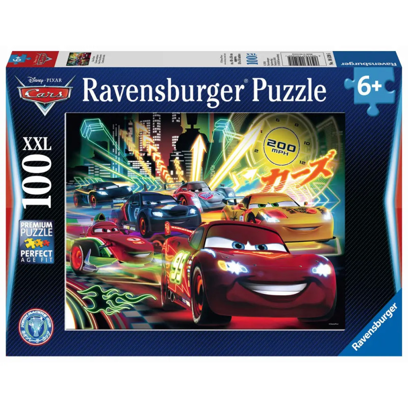 Ravensburger Cars-Puzzle mit Rennwagen und Neonlichtern, 100 Teile, ab 6 Jahren.