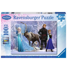 Ravensburger Frozen Puzzle (100 Teile) mit Elsa, Anna, Kristoff, Sven und Olaf auf dem Cover, ab 6 Jahren.