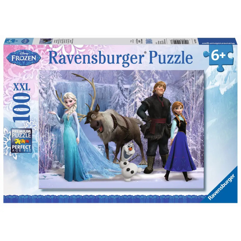 Ravensburger Frozen Puzzle (100 Teile) mit Elsa, Anna, Kristoff, Sven und Olaf auf dem Cover, ab 6 Jahren.