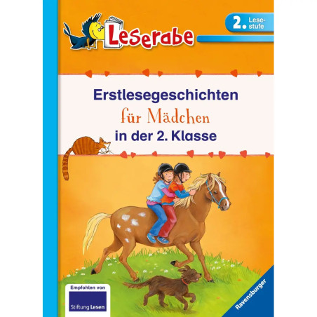 Bucheinband: Zwei Mädchen reiten auf braunem Pferd, darüber Katze und Vogel Deutsch, 2. Klasse.