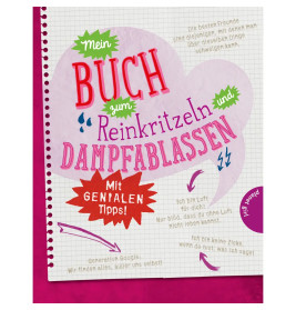 Notizbuchseite auf Deutsch mit bunten Kritzeleien, Sprechblasen und markanten Texten zu Frustabbau.