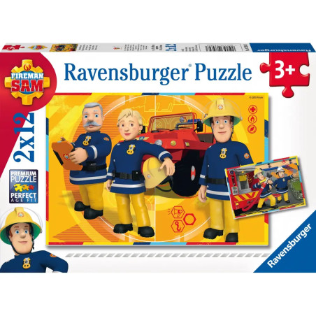 Ravensburger Puzzlebox Fireman Sam mit Comic-Feuerwehrleuten und rotem Feuerwehrauto, ab 3 Jahren.