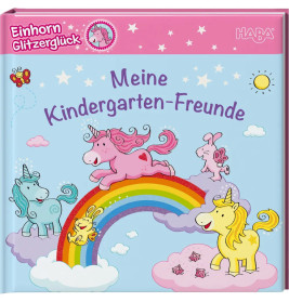 Buntes Kinderbuchcover mit Einhörnern, Regenbogen und dem Titel Meine Kindergarten-Freunde.