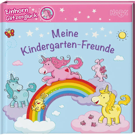 Buntes Kinderbuchcover mit Einhörnern, Regenbogen und dem Titel Meine Kindergarten-Freunde.