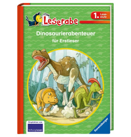 Kinderbuchcover mit drei gezeichneten Dinosauriern und dem Titel Dinosaurierabenteuer für Erstleser.