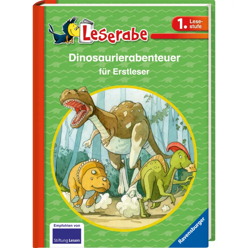 Kinderbuchcover mit drei gezeichneten Dinosauriern und dem Titel Dinosaurierabenteuer für Erstleser.