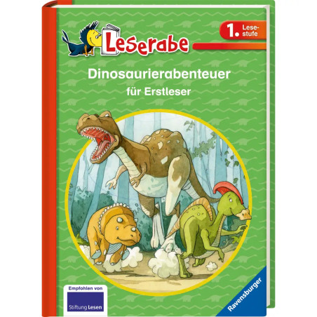 Kinderbuchcover mit drei gezeichneten Dinosauriern und dem Titel Dinosaurierabenteuer für Erstleser.