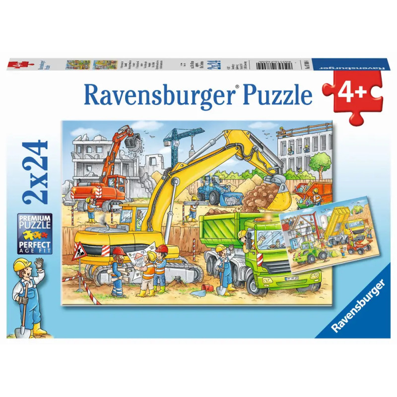 Ravensburger Puzzle mit 24 Teilen zeigt eine belebte Baustelle mit Fahrzeugen, Arbeitern und Maschinen.