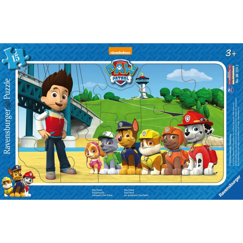 Ein Paw-Patrol-Puzzle mit Ryder und sechs Hunden draußen vor dem Aussichtsturm.