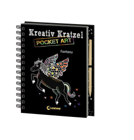 Spiralgebundenes Kreativ Kratzel Pocket Art Fantasy-Buch mit buntem geflügeltem Pferd auf dem Cover.