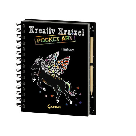 Spiralgebundenes Kreativ Kratzel Pocket Art Fantasy-Buch mit buntem geflügeltem Pferd auf dem Cover.