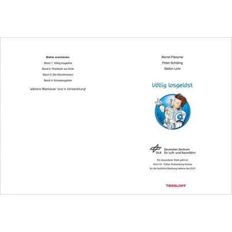 Buchcover mit lächelndem Kinderastronauten, DLR-Logo und deutschem Text zu Weltraumabenteuern.