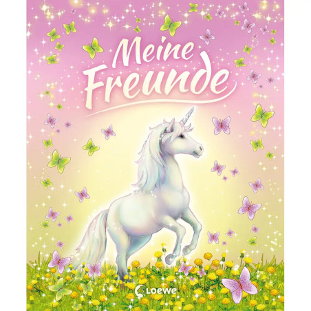 Ein weißes Einhorn steht im Blumenfeld mit pinken und grünen Schmetterlingen unter dem Schriftzug Meine Freunde.