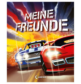 Zwei Rennwagen, blau und rot, fahren schnell eine Straße entlang, darüber steht MEINE FREUNDE.