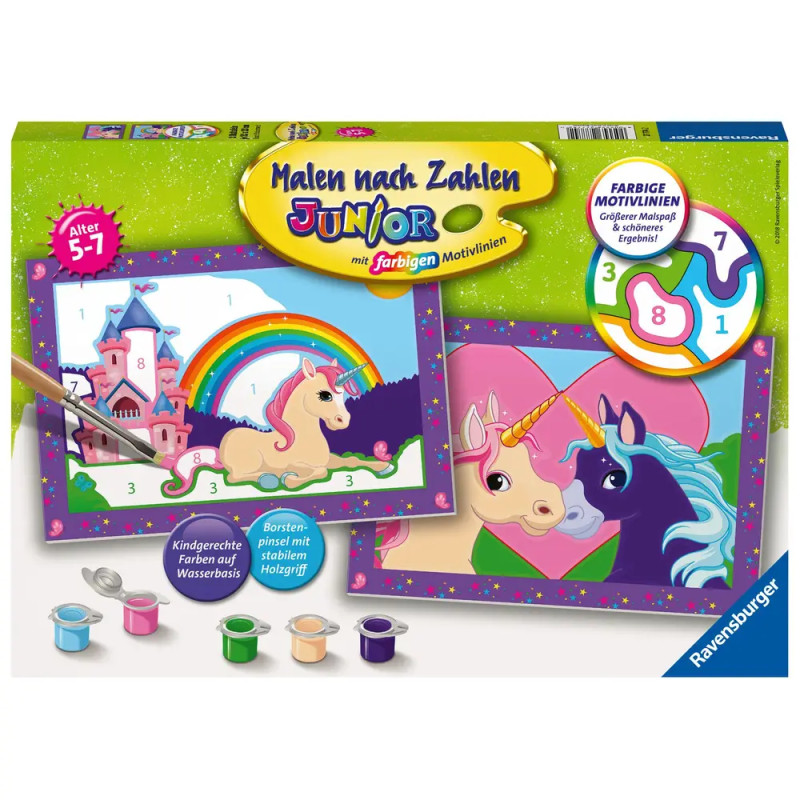 Malset für Kinder (5-7 Jahre) mit Einhorn- und Regenbogenmotiven, Farbtöpfchen und Pinsel.