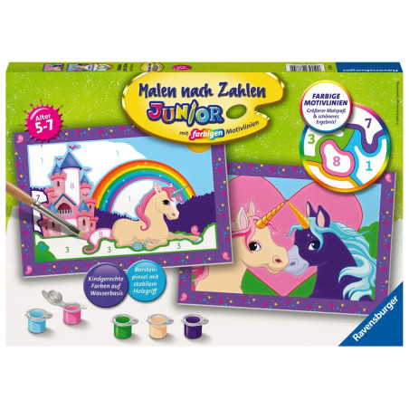 Malset für Kinder (5-7 Jahre) mit Einhorn- und Regenbogenmotiven, Farbtöpfchen und Pinsel.