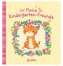 Orangefarbenes Kätzchen im Blumenkranz unter dem deutschen Titel Meine Kindergarten-Freunde.