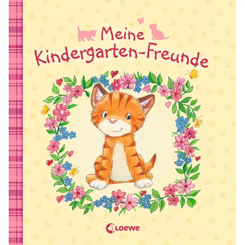 Orangefarbenes Kätzchen im Blumenkranz unter dem deutschen Titel Meine Kindergarten-Freunde.