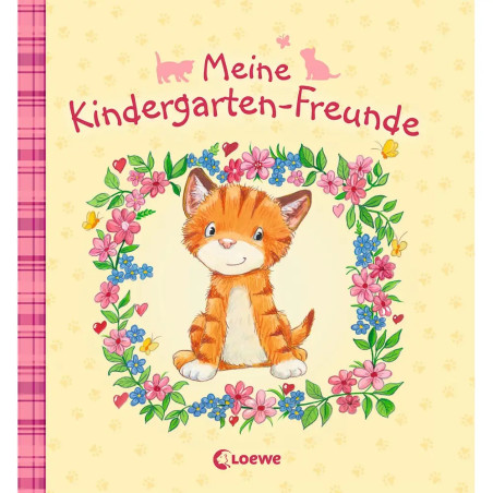 Orangefarbenes Kätzchen im Blumenkranz unter dem deutschen Titel Meine Kindergarten-Freunde.