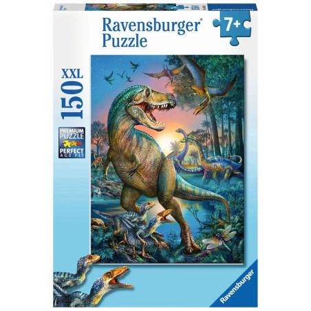 Ravensburger Puzzlebox, 150 Teile, Dinosauriermotiv, farbenfrohes Urzeitszenario, empfohlen ab 7 Jahren.