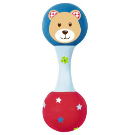 Bunte Babyrassel mit Bärenkopf oben und Sternmustern auf dem roten unteren Teil.