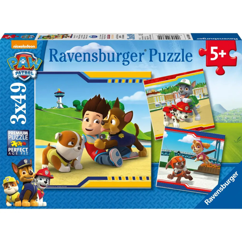 Ravensburger Paw Patrol Puzzle mit Comic-Hunden und Junge, ab 5 Jahren, enthält 3x49 Teile.