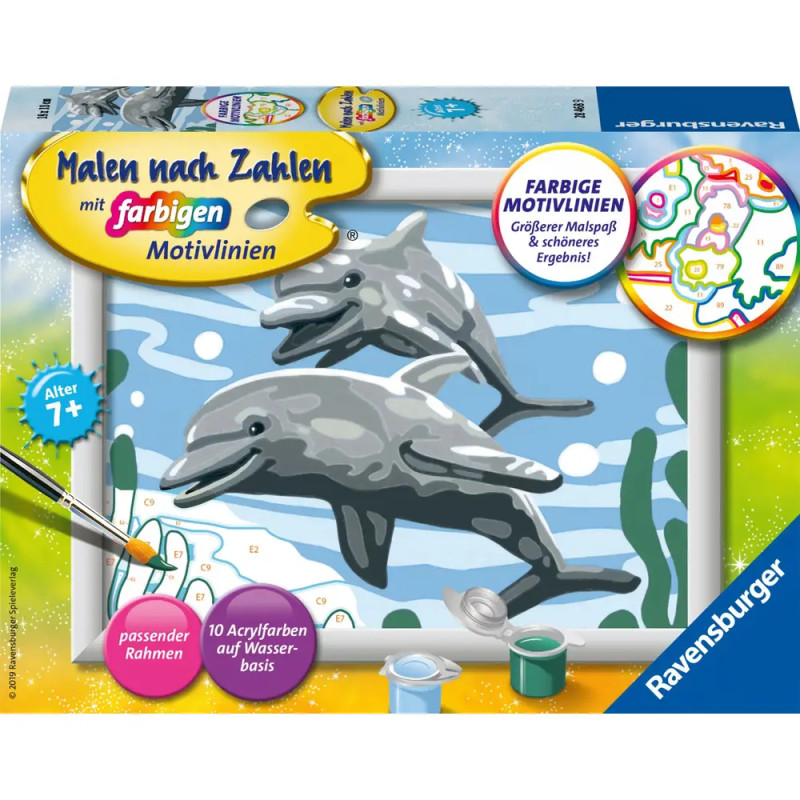 Malset mit Vorlage: Zwei Delfine schwimmen, Farben, Pinsel und Anleitung sind sichtbar.