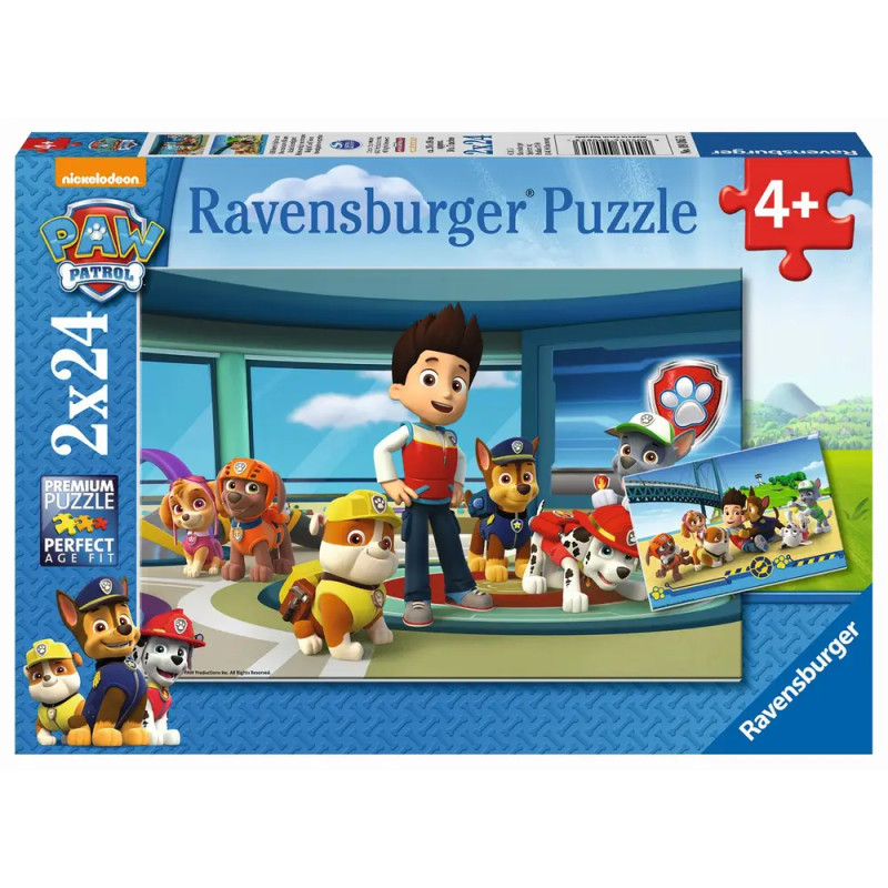 Ravensburger Paw Patrol Puzzle mit Comicfiguren und Junge vor Fenster, geeignet ab 4 Jahren.