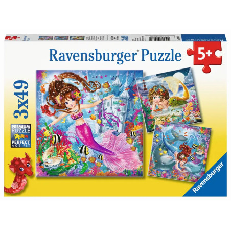 Ravensburger Kids Meerjungfrauen Puzzle 3x49 Teile, für Mädchen ab 5 Jahren, mit bunten Unterwassermotiven.