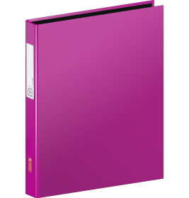 Geschlossener, leuchtend pinker Ordner steht aufrecht, mit leerem Etikett am Rücken.