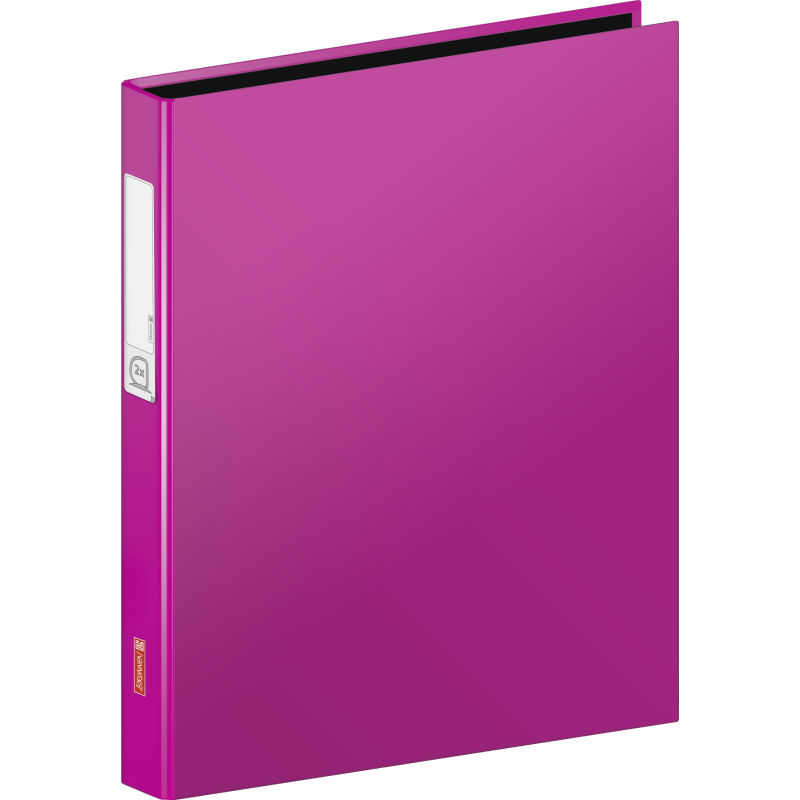 Geschlossener, leuchtend pinker Ordner steht aufrecht, mit leerem Etikett am Rücken.