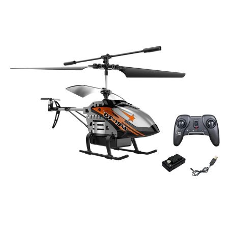 Ferngesteuerter Spielzeughubschrauber in Schwarz-Orange mit Controller und Ladekabel auf weißem Hintergrund.