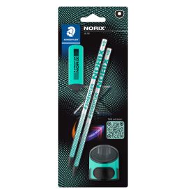 Staedtler Noris Set: Zwei Bleistifte, Spitzer und Radierer in türkis-schwarzer Verpackung.