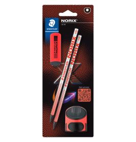 Staedtler Norix Set mit zwei HB-Bleistiften, Radiergummi und Spitzer in rot-schwarzer Verpackung.