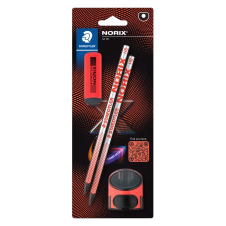 Staedtler Norix Set mit zwei HB-Bleistiften, Radiergummi und Spitzer in rot-schwarzer Verpackung.