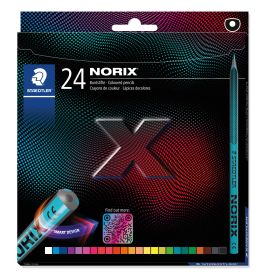 Box mit 24 Staedtler Norix Farbstiften, großer X-Grafik und bunt gepunktetem Design auf der Verpackung.