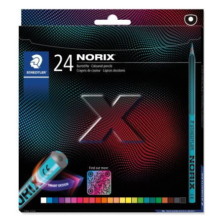 Box mit 24 Staedtler Norix Farbstiften, großer X-Grafik und bunt gepunktetem Design auf der Verpackung.