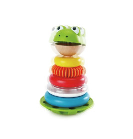 Bunter Stapelturm mit Ringen und Froschkopf, geeignet für Kleinkinder.