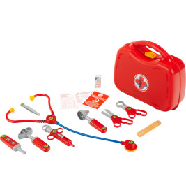 Spielzeug-Arztkoffer mit rotem Etui, Stethoskop, Spritze, Verband und weiteren Medizinwerkzeugen.