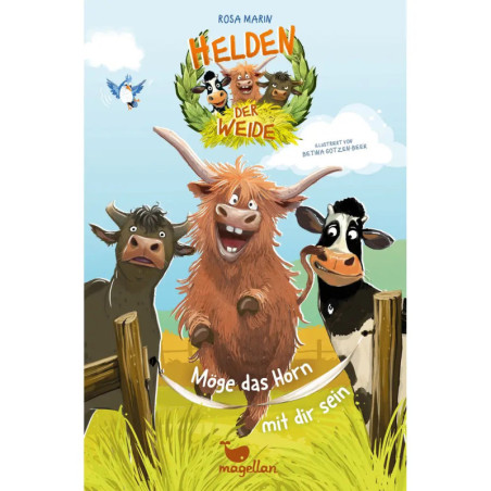 Cartoon-Kühe und ein Yak stehen lächelnd auf einer Wiese, oben und unten ist deutscher Text.