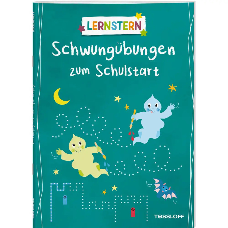 Deckblatt eines Deutsch-Arbeitshefts mit zwei Geisterfiguren, Titel: Schwungübungen zum Schulstart.