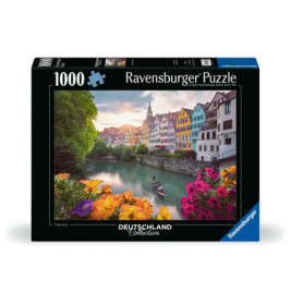 Ravensburger Puzzle mit 1000 Teilen: Bunte Flussstadt und Blumen im Vordergrund auf der Verpackung.