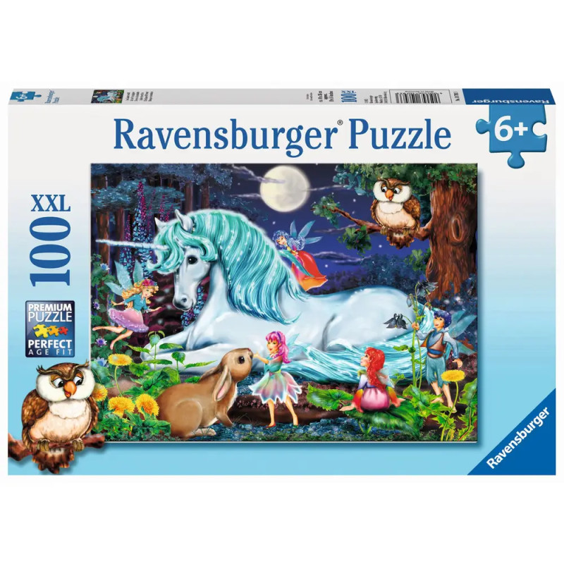Puzzle-Schachtel mit Einhorn, Feen, Eule, Hase und Zauberwald bei Mondschein.